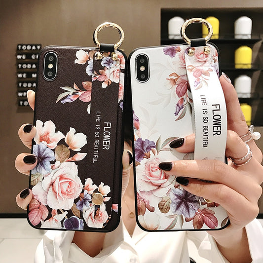 Rose Flowers Wrist Strap phone Cases For iphone 13 12 11 14 pro MAX X XR XS MAX 7 8 Plus Cover  Hand Band Cases Soft TPU Relief