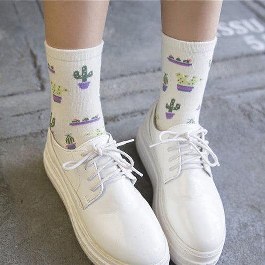 1Pair Spring Summer Women Girl Plant Cactus Pattern Comfortable Lovely Cute Cotton Socks Female Casual Warm Soft Funny Socks