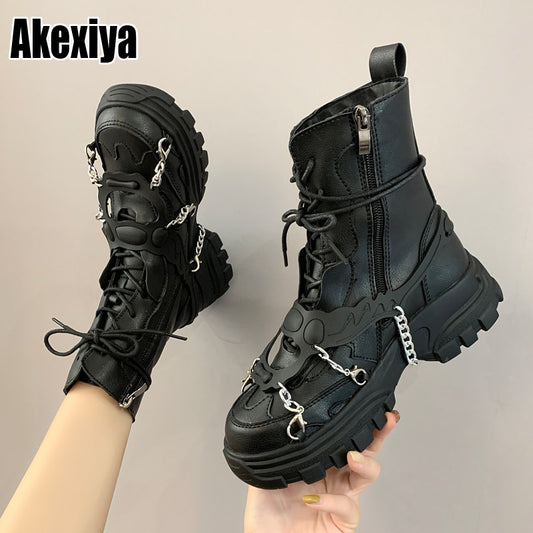 New Leather Womens Ladies Ankle Boots Mid Heel Lace Up Worker Army Black Goth Shoes Autumn Chain High Quality