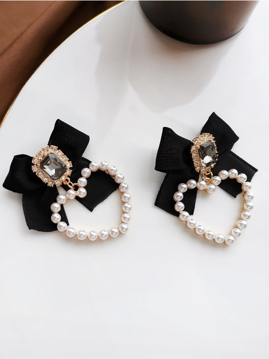 Sweet Jewelry Black Bowknot Earrings New Design Crystal Glass Simulated Pearls Heart Drop Earrings For Girl