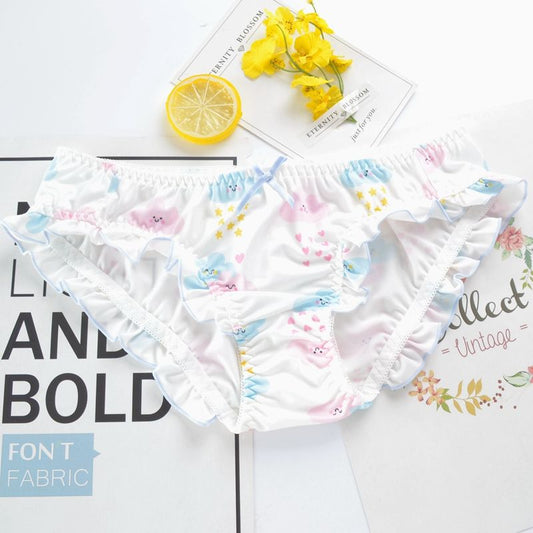 Girl Teenage Sweet Cute Lolita Underwear Kawaii Panty For Young Women Cartoon Print Thong Panties Ruffles Cloud Lingerie Briefs
