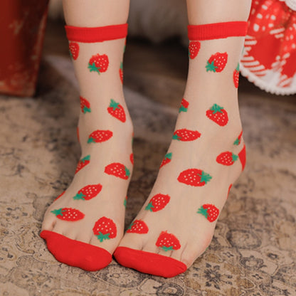 Lolita strawberry socks summer breathable jk cute girls crystal tube sock card stockings woman