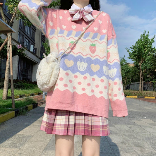 Japanese Kawaii Knitting Sweater Women Cute Strawberry Printing Long Sleeve Pullover New Autumn Winter Vintage Pink Knitting Top