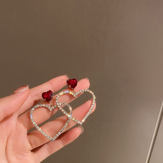 Korean Fashion Jewelry Shining Rhinestone Hollow Heart Drop Earrings for Women Girls Vintage Red Crystal Earrings