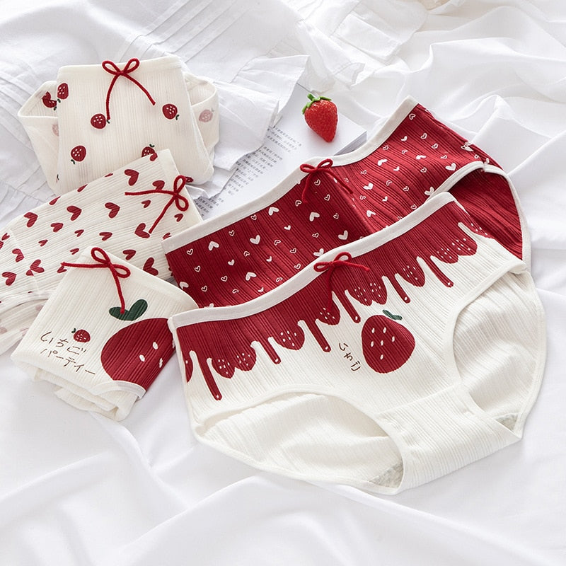 Giczi Cartoon Cotton Women's Panties Sweet Breathable Underwear Lovely Strawberry Briefs Girls Underpants Skin-Friendly Lingerie