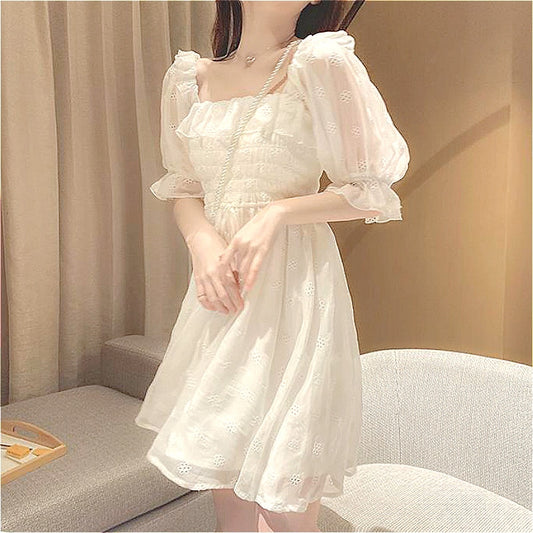 French Summer Dress Women White Puff Sleeve Korean Style Fairy Dress Lace Chiffon Japan Style Kawaii Elegant Vintage Dress