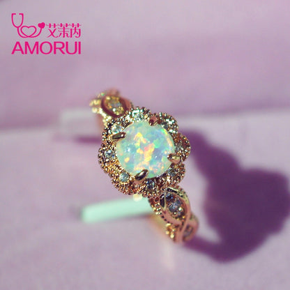 AMORUI Vintage Australian Crystal Flower Ring Female Anniversary Gift Jewelry Fashion Golden Opal Engagement / Wedding Rings