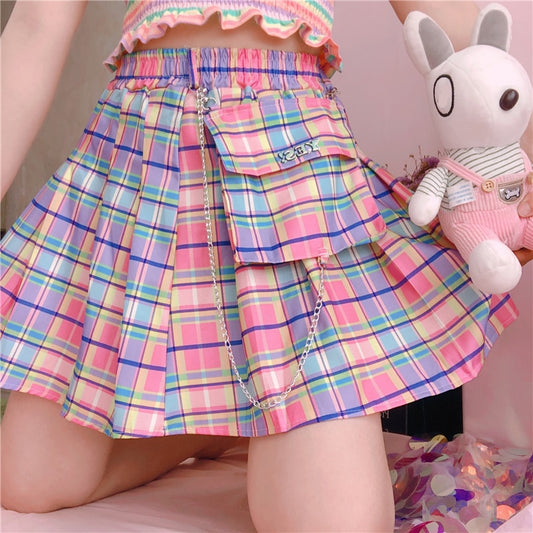 Summer Plaid Y2k Kawaii Pink Woman Mini Skirts Aesthetic A Line Pleated Harajuku Gothic Rainbow Club Women's Skirts