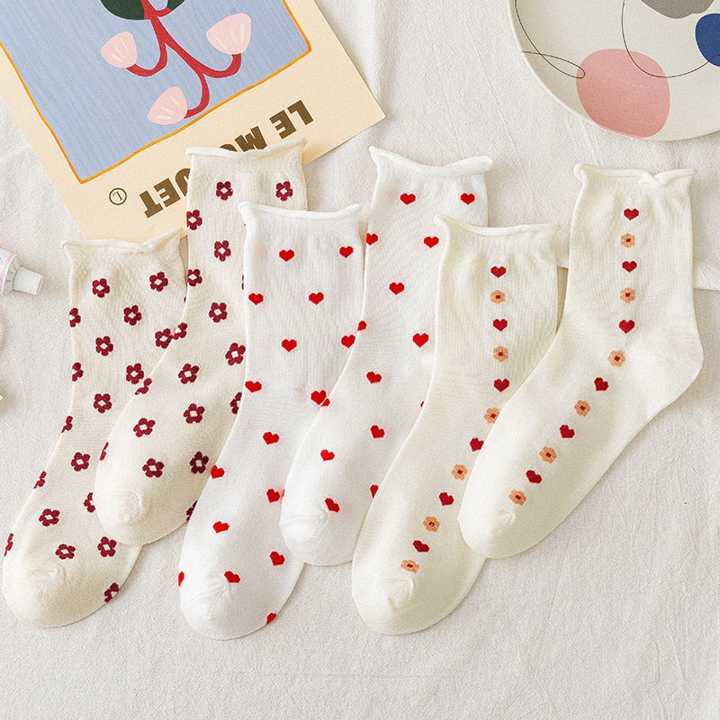 Women Socks Cotton Cartoon Heart Flower Prints Socks Cute Animal Funny Ankle Socks Ladies Invisible Socks Dropship White Soks