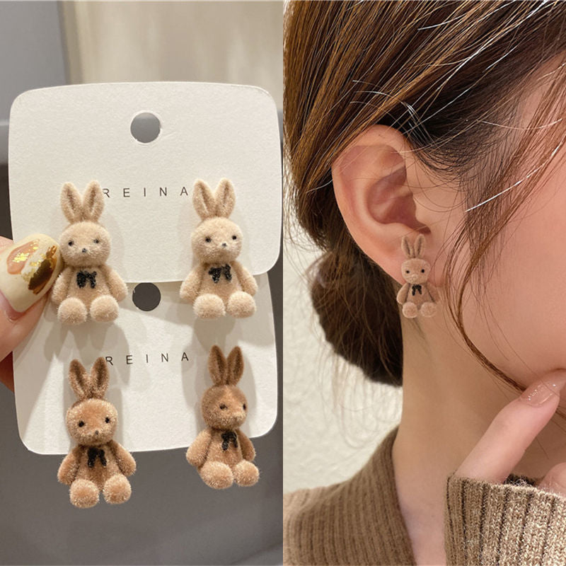 Bear Earrings for Women Girls Fashion Korea Silver Needle Autumn and Winter Earrings Cute Flocking Rabbit Ear Studs Jewelry