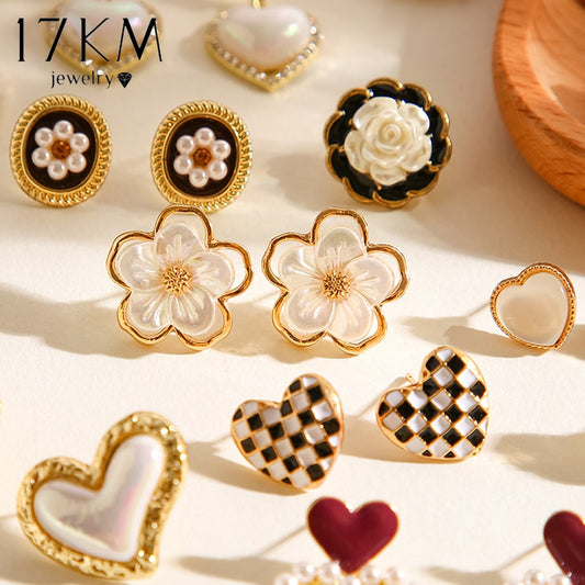 17KM 2Pcs Elegant Stud Earrings Set Geometric Pearl Heart Earrings Trendy Fashion Ear Accessories for Women Jewerly Wedding
