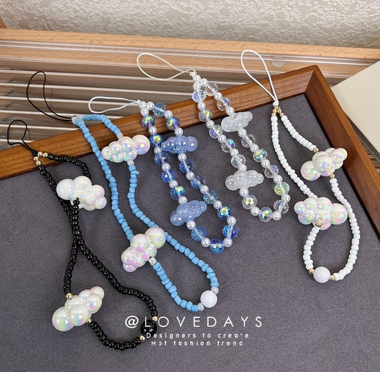 Blue Sky White Clouds Resin Beaded Mobile Phone Chain Phone Strap Women Girls Cute Cellphone Lanyard Telephone Pendant