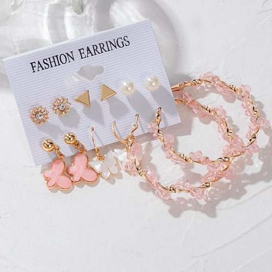 Vintage Butterfly Pearl Earrings Set for Women Circle Drop Earring Gold Color Acrylic Geometric Pendant Tassel Trendy Jewelry