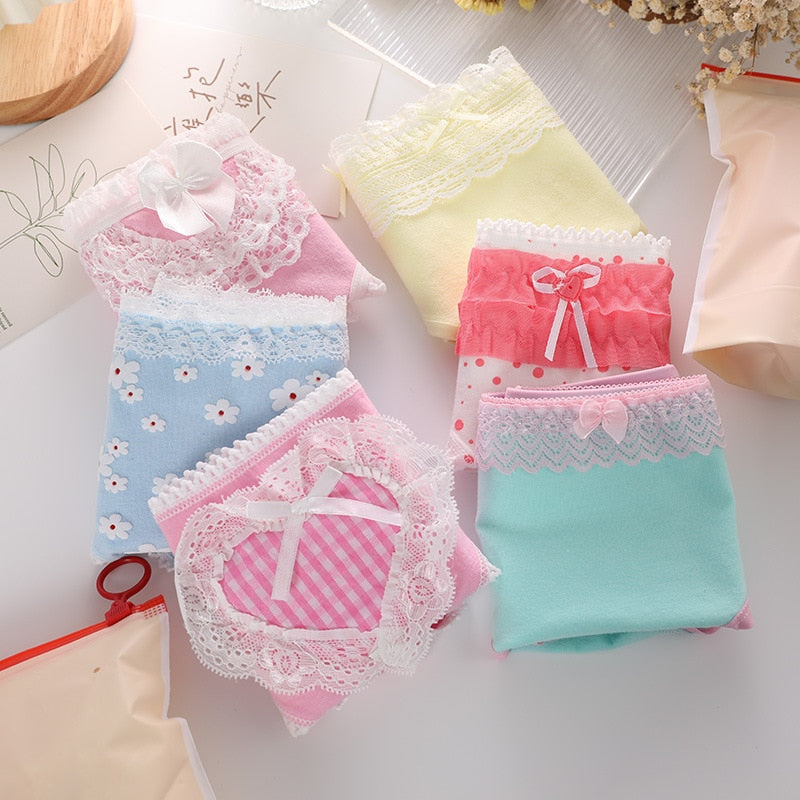 New Japanese Cute Small Flower Plaid Bowknot Girl's Mid-waist Underwear Kawaii Lace Hem Women's Seamless Briefs