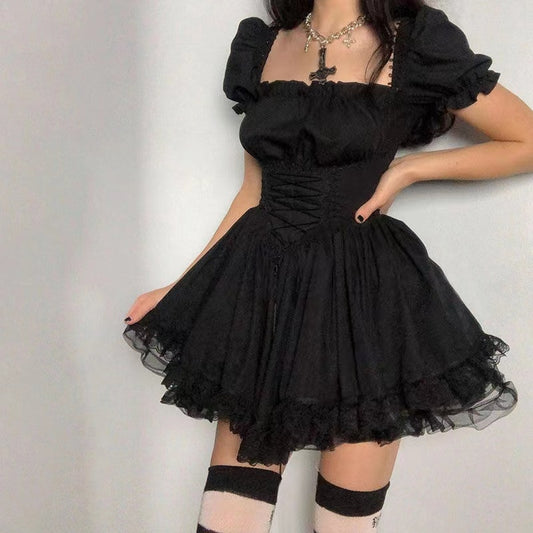 Lolita Black Dress Goth Aesthetic Puff Sleeve High Waist Vintage Bandage Lace Trim Party Gothic Clothes Summer Dress Woman