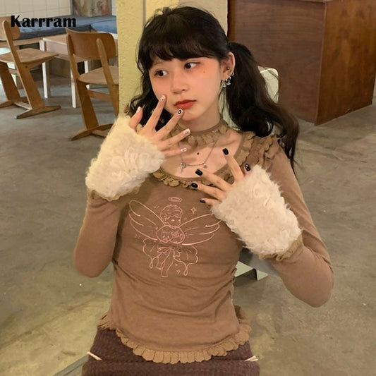 Karrram Fairycore Patchwork Tops Y2k Aesthetics Angel Print Tshirt Japanese Harajuku Kawaii T-shirt E-girl Cute Clothes 2000s
