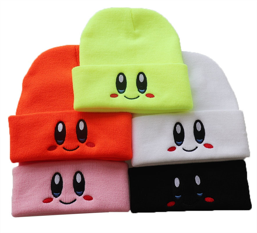 Kirby Winter Cute Smiley Eye Embroidered Knit Cap Stretch Cartoon Beanie Women's Preppy Hood Hipster  Student Warm Headwear