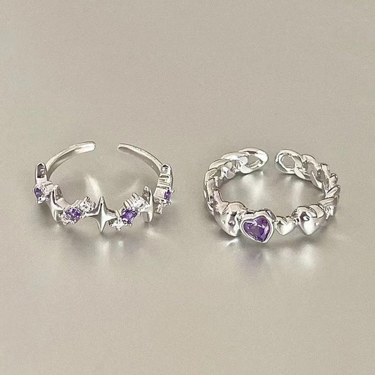 Fashion Shiny Purple Rhinestone Opening Couple Rings for Women Men Vintage Crystal Star Adjustable Ring Lover Y2K Jewelry
