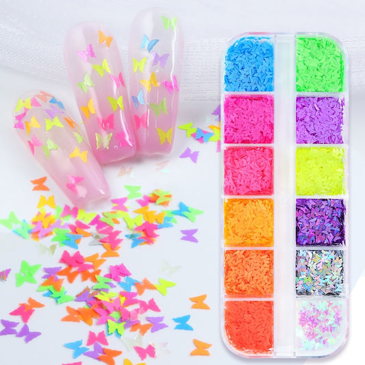 Fluoresensi Kupu-kupu Buah Hati Berbagai Bentuk Seni Kuku Glitter Serpih 3D Warna-warni Payet Polandia Manikur Dekorasi Kuku