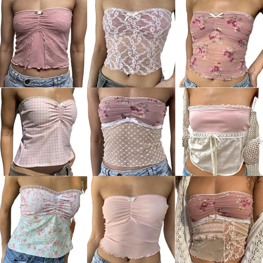 Maemukilabe Coquette Cute Pink Bandeau Tube Tops Fairycore Y2K Floral Lace Trim Strapless Crop Tops 90s Vintage Backless Camis