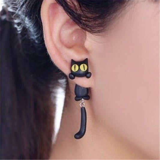 Cute Black Cat Stud Earrings: Handmade Cartoon Kitten Bunny Raccoon Chipmunk Animal Push-back Ear Jewelry for Women & Girls