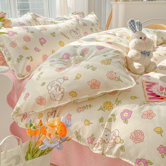 New Cartoon Foral Print Polyester Bedding Set Full Size Soft Thicken Duvet Cover Set with Flat Sheet Quilt Cover and Pillowcase