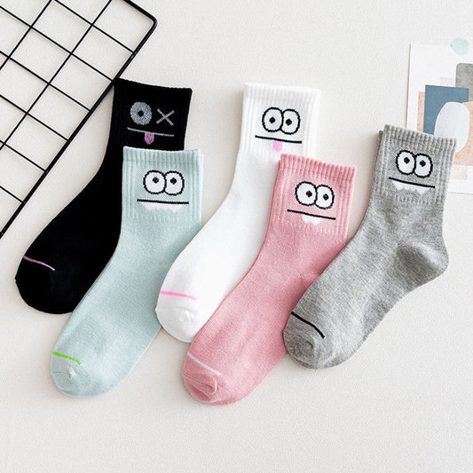 5 Pairs Women Girls Kawaii Long Socks Set Cute Cartoon Fun Expression White Fruit Strawberry Avocado Cow Print Socks Japan Style