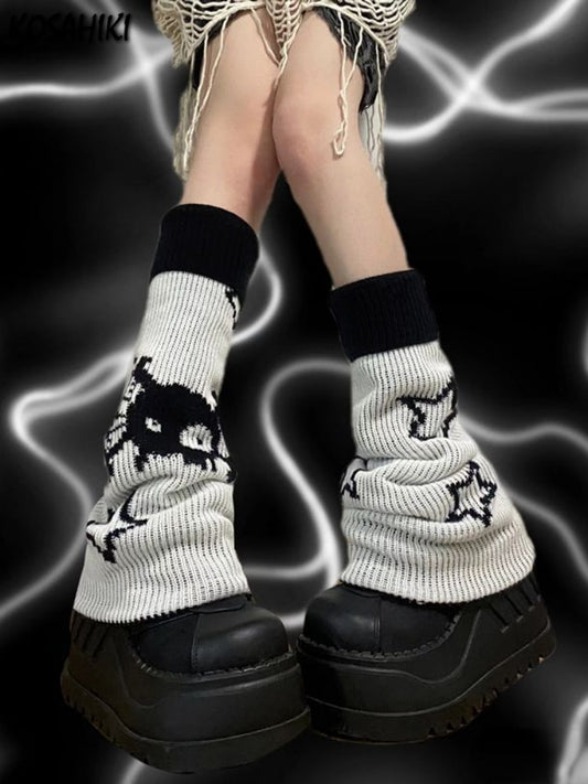 KOSAHIKI Harajuku Y2k Star Skull Print Two Side Wear Knitted Leg Warmers Socks Punk Girls Japanese Kawaii Streetwear Leg Cover