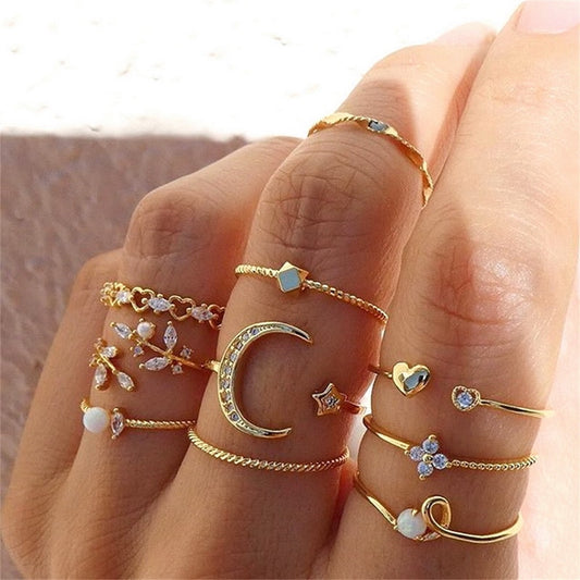 Trendy Boho Shining Zircon Ring Set Women Gold Color Moon Heart Butterfly Imitation Pearl Retro Geometric Rings Jewelry Gifts