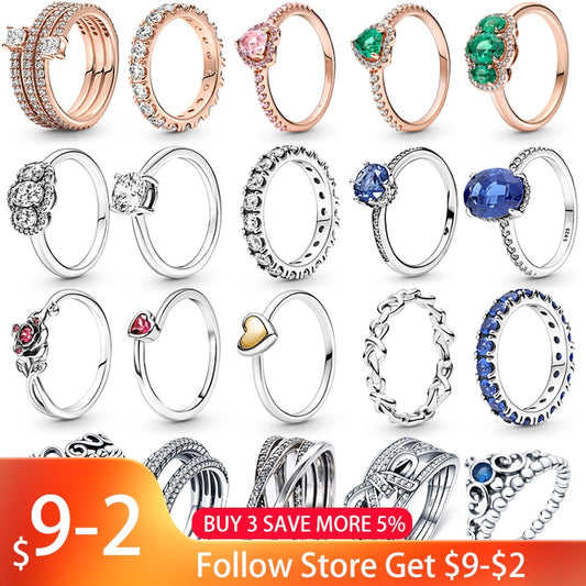 100% 925 Sterling Silver Rings For Women Original Design Heart Crown Rose Gold Zircon Rings Classic Engagement Wedding Jewelry