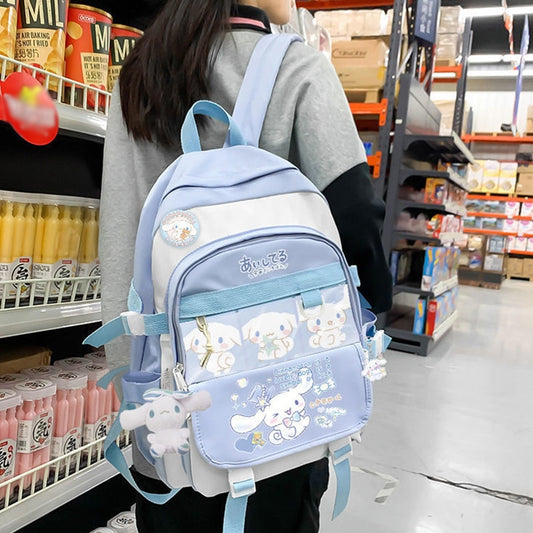 Cinnamoroll Backpack with Sanrio Plush Toy Anime Children Girls Blue Schoolbag School Supplies Student Kawaii Cute Large Computer Bag Gift