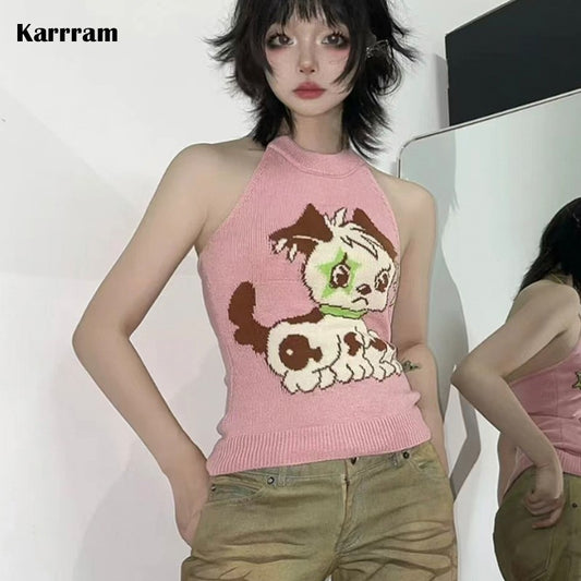 Karrram Y2k Puppy Embroidery Camisole Harajuku Kawaii Knitted Halter Top Japanese Sweet Pink Tank Top Dog Cute Cami Top Backless