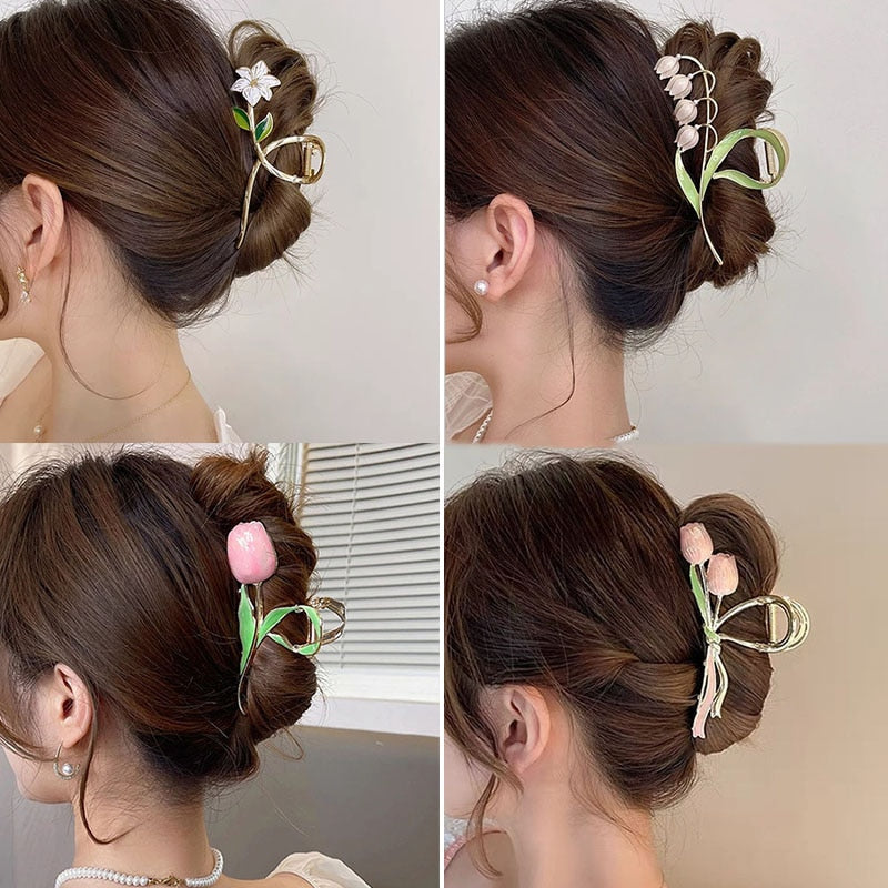New Korean Vintage Flowers Large Metal Hair Claw Clip Ponytail Women Butterfly Shark Alloy Hair Claw Barrette Hair Accessories