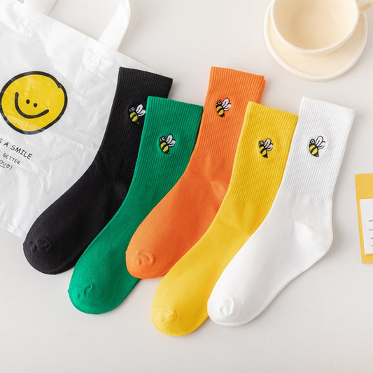 Animal Bee Embroidery Socks Funny Cute Socks Women's Pure Cotton Solid Color Simple Tube Socks Korean Version Trend Cotton Socks
