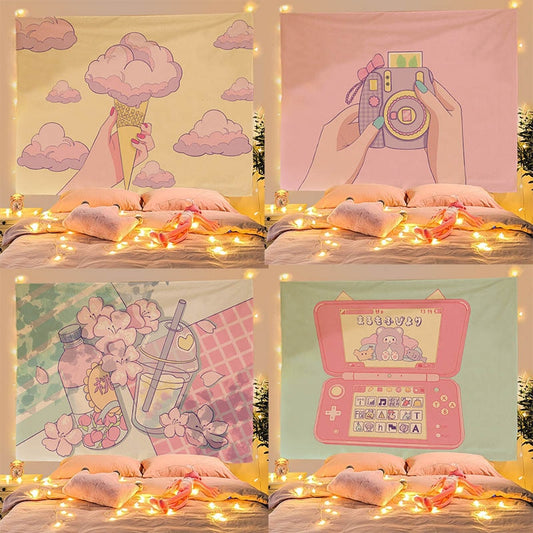 Pink Girly Peach Blossom Tapestry Cute Ice Cream Camera Room Dormitory Bedroom Beautiful Fabric Background Can Be Customized