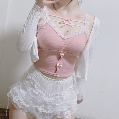 Pink Crop Top Women Summer Cute Y2k Tops Lace Trim Bow Decoration Slim Camis Sweet Girl Lolita Style Aesthetic Kawaii Clothes