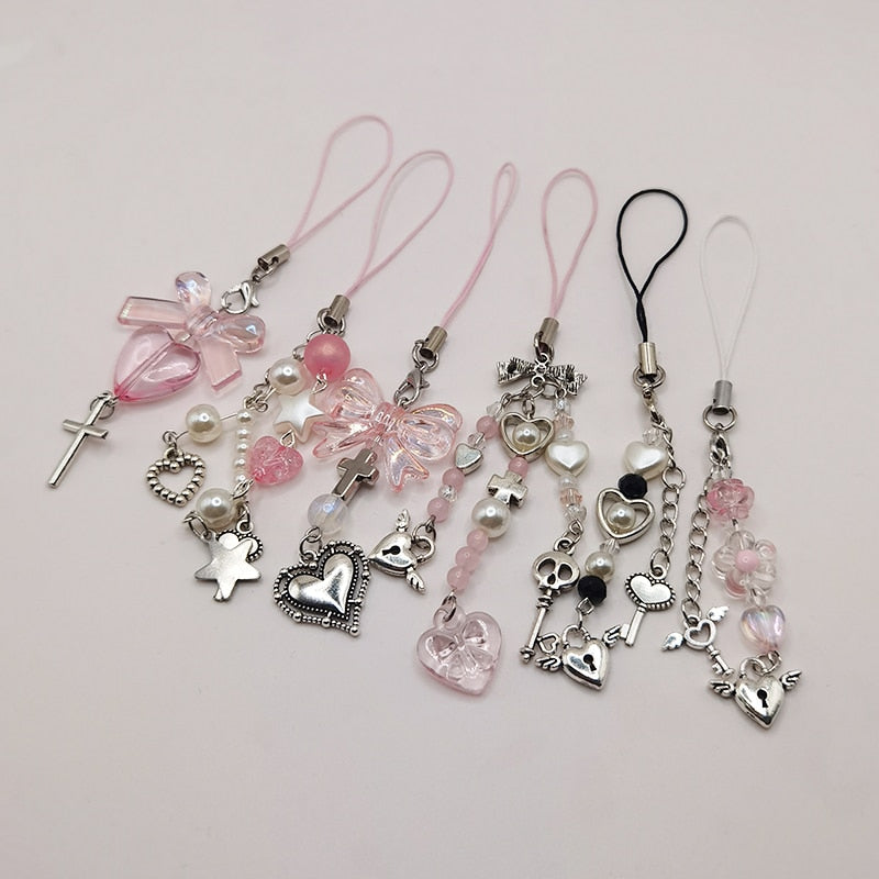 Pink Y2K Phone Charms Pendant Kawaii Key Chain For Bag iPhone Samsung Cute Accessories Women Girl Strap Lanyard Beaded Ins Korea