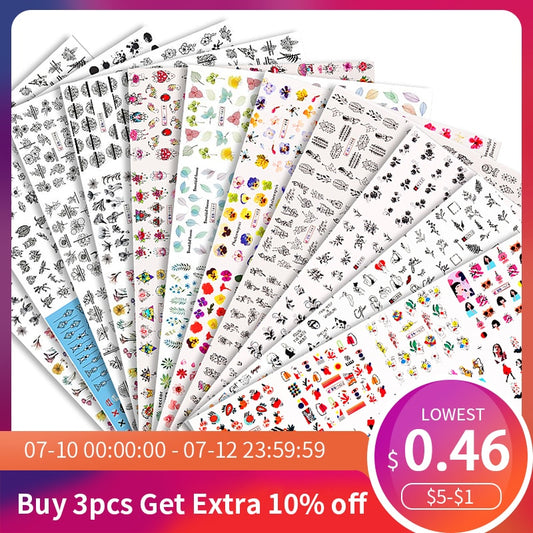 12 Designs Nail Stickers Set Mixed Floral Geometric Nail Art Water Transfer Decals Sliders Flower Leaves Manicures Decoration