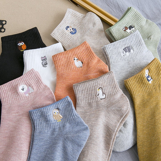Women Cute Embroidered Ankle Socks Kawaii Cartoon Animal Dog Cat Bird Rabbit Cotton Short Socks Korean Fashion Japanese Style