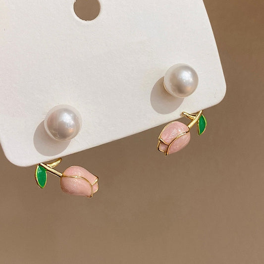New Fashion Pink Tulip Flowers Stud Earrings Sweet Heart Rose Floral Pearl Earrings for Women Wedding Party Jewelry Gifts