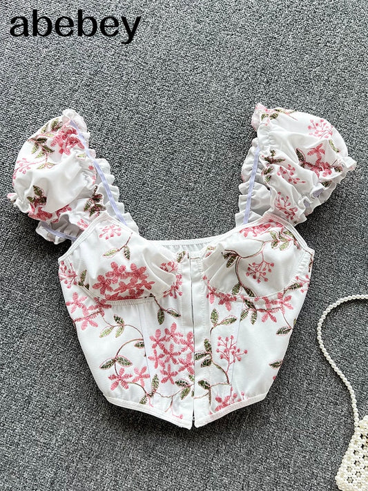 Embroidery Lace Women Camis Tops Women Corset Bralette Top Front Buttons Crop Cute Vest Elegant French Chic Party Clubwear