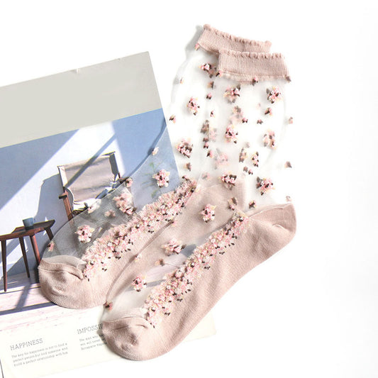 Breathable Ultra Thin Socks Summer Women Transparent Lace Silk Crystal Flower Girls Elastic Short Socks Female Sox Stocking