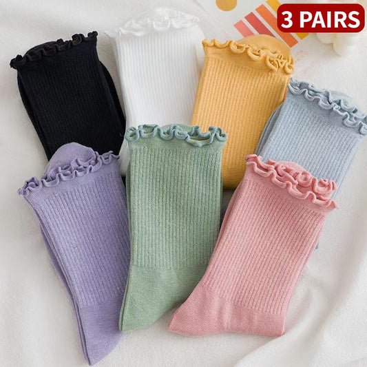 3 Pairs/lot Women Ruffle Lace Cute Socks Polyester Cotton Loose Autumn Winter Knitting Solid Color Long Breathable Mid Tube Sock
