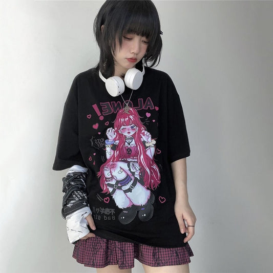 Janpanese Girl Anime Cute Printed T-Shirt Summer Fashion Y2k Tops For Women Clothes Cartoon Sweet Streetwear Kawaii Graphic Tees