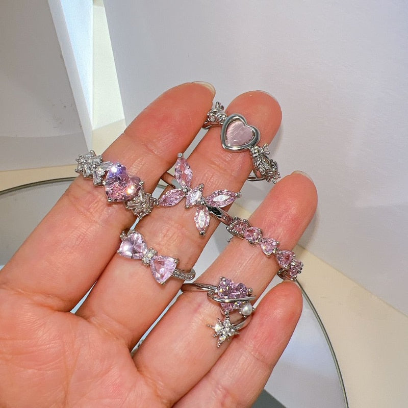 Pink Crystal Heart Bowknot Rings For Women Girls Y2k Kpop Sweet Cool Open Finger Rings Party Fashion Jewelry Gifts New