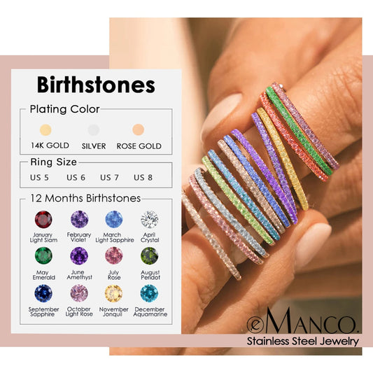 eManco Rhinestone Birthstone Stainless Steel Ring Luxury Jewelry Gift 12 Zodiac Sparkling Rings For women Wholesale US5/6/7/8