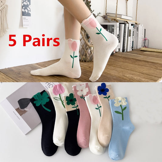 5 Pairs Lot Women Flower Socks Cotton Japanese Korean Style Cute White Black Pink Hajuruku Kawaii Floral Breathable Casual Socks