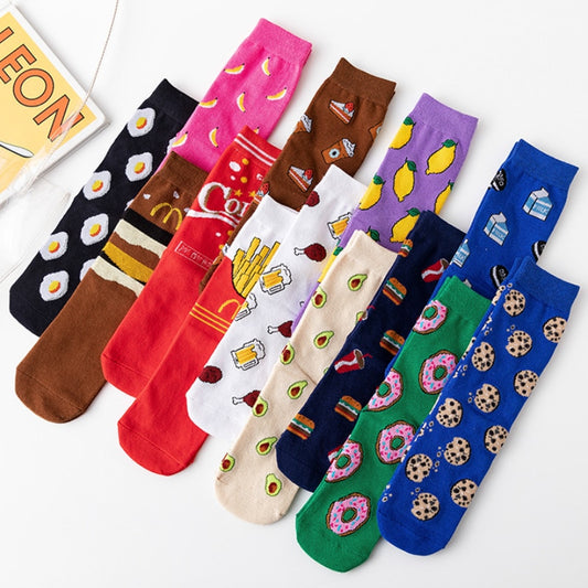 Women Socks Funny Cute Cartoon Fruits Banana Avocado Lemon Egg Cookie Donuts Food Happy Japanese Harajuku skateboard Socks