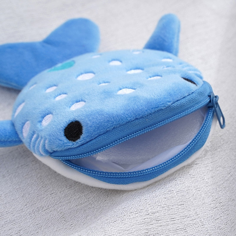 Kawaii Whale Shark Plush Makeup Bag Cute Kawaii Wallet Stuffed Animal Plushie Blue Small Coin Purse Zipper Womens Girls Change Key Credit Cards Earphone Pouch