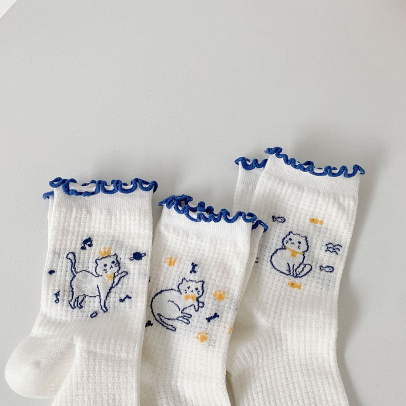 Ladies Cartoon Socks Summer Thin Mesh Tube Socks White Cute Japanese Cute Cat Socks